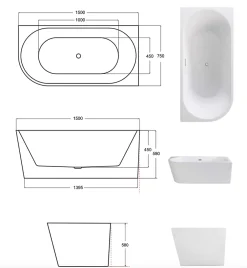 Azura Home Design Baignoire îlot ZOYA GLAM GRAPHITE angle droit - 150 x 75 cm