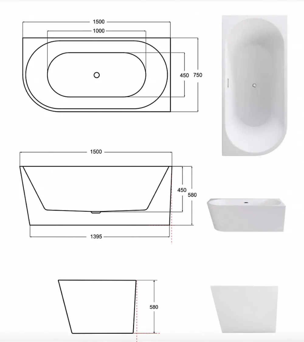 Azura Home Design Baignoire îlot ZOYA GLAM GRAPHITE angle droit - 150 x 75 cm