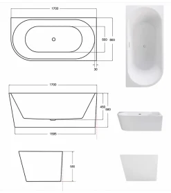 Baignoire Îlot|Azura Home Design Baignoire îlot ZOYA GLAM SILVER angle droit - 170 x 80 cm
