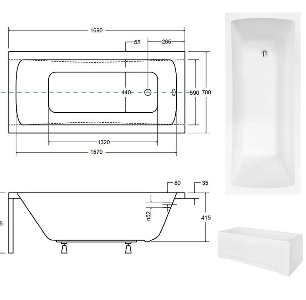 Azura Home Design Baignoire MIRANO II avec tablier 170 x 70 cm
