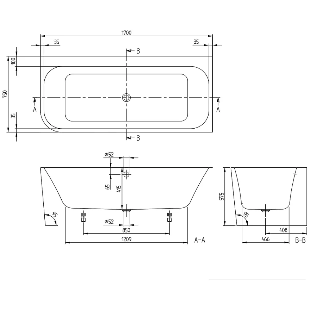 Villeroy & Boch Baignoire murale Architectura pour installation en angle à droite, 1700 x 750 mm, Blanc