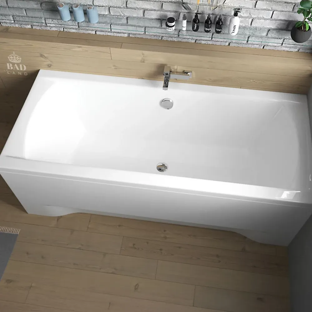 Baignoire D'Angle|Badland Baignoire rectangulaire 180 x 80 INES acrylique blanc + avec Tablier + Pieds + Vidage à chromé