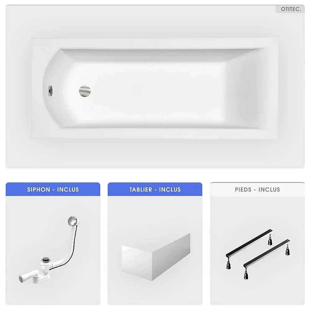 Baignoire Droite|Besco Baignoire rectangulaire - 170 x 70 cm - avec Tablier - Pieds - Vidage Chrome - SHEA