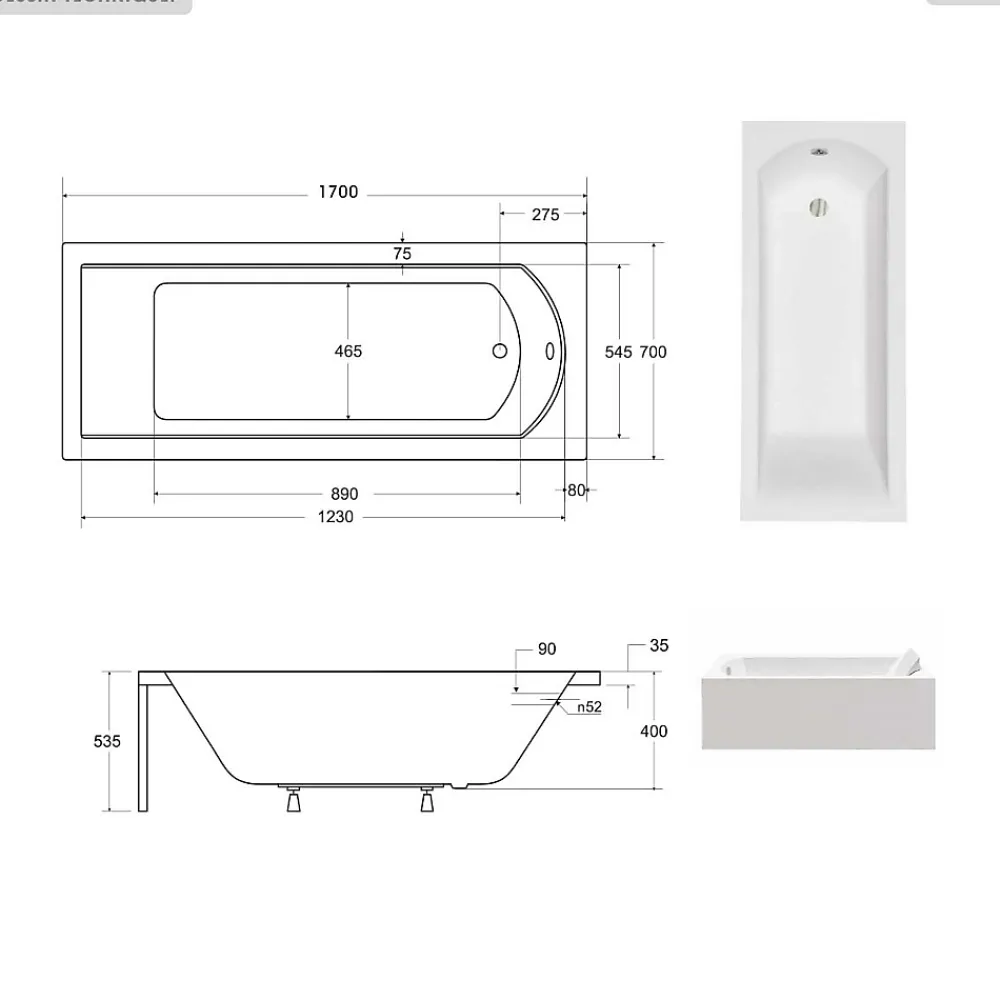 Baignoire Droite|Besco Baignoire rectangulaire - 170 x 70 cm - avec Tablier - Pieds - Vidage Chrome - SHEA