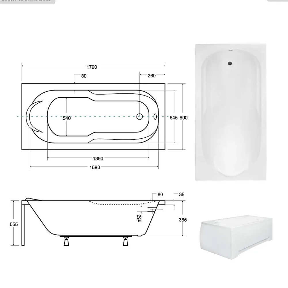 Baignoire Droite|Besco Baignoire rectangulaire - 180 x 80 cm - sans Habillage - avec Pieds - Vidage Chrome - BONA