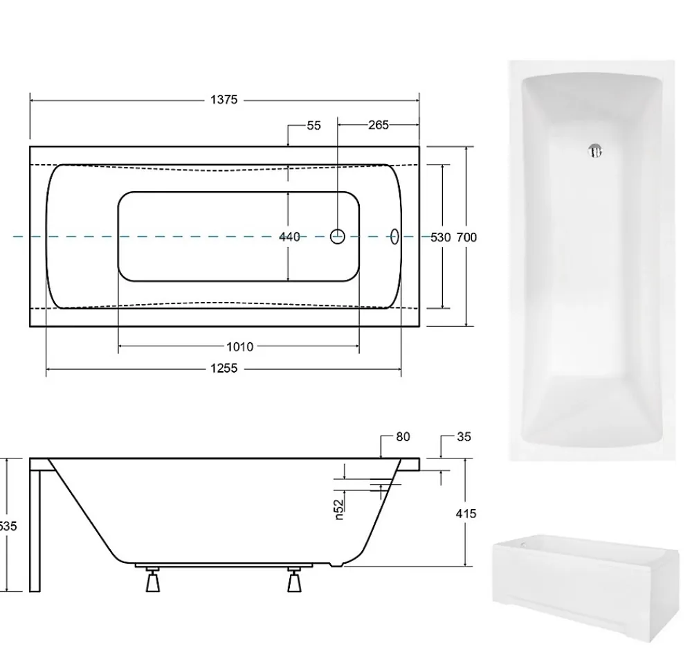 Besco Baignoire rectangulaire + tablier blanc + repose tête - OPTIMA - 140 x 70 cm
