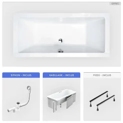 Baignoire Droite|Besco Baignoire rectangulaire - 165 x 75 cm - avec Habillage - Pieds - Vidage Chrome - QUADRO