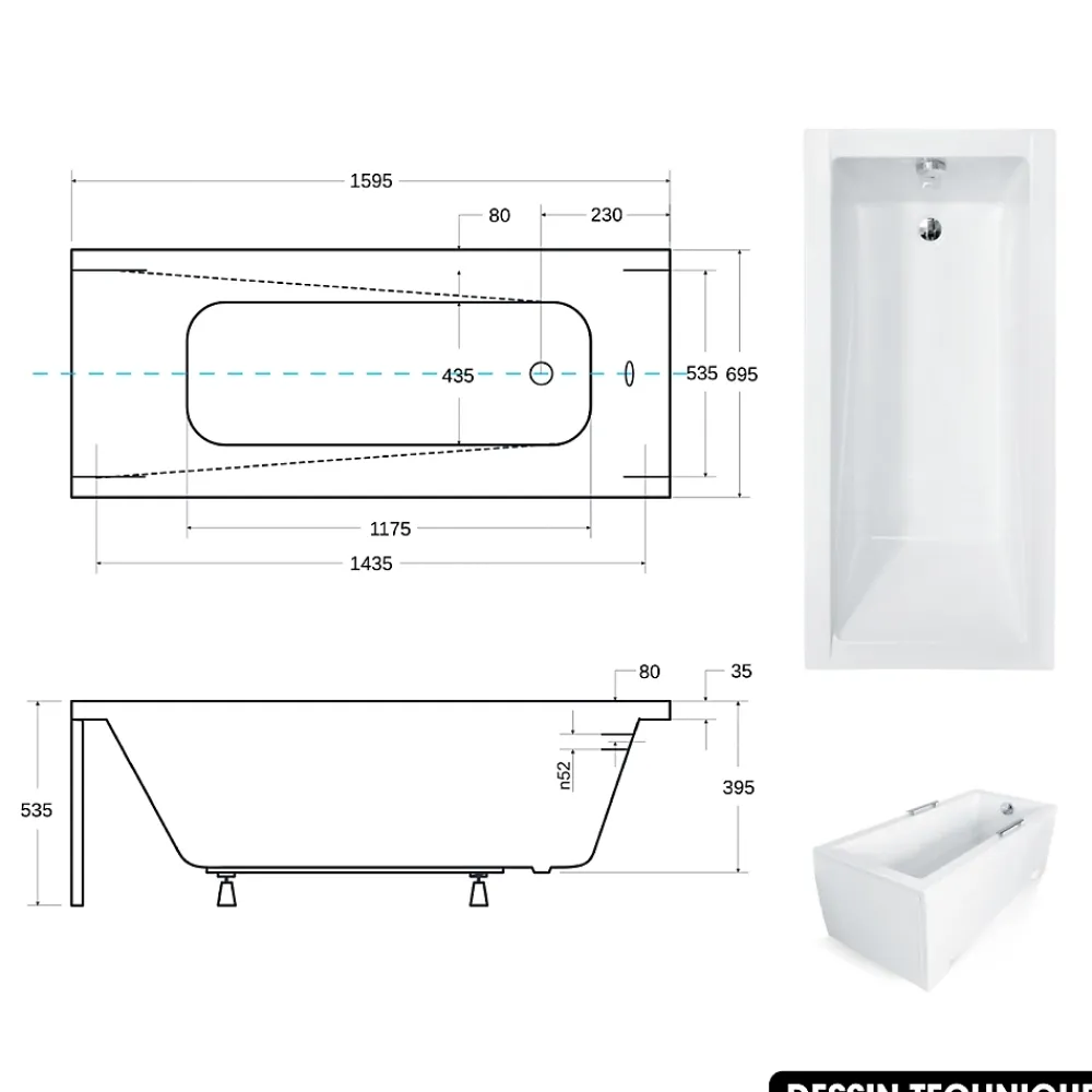 Besco Baignoire rectangulaire - avec Tablier Blanc et Repose Tête OFFERT - MODERN - 160 x 70 cm