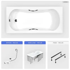 Baignoire Droite|Besco Baignoire rectangulaire - 150 x 70 cm - avec Habillage - Pieds - Poignées - Vidage Chrome - ARIA PLUS