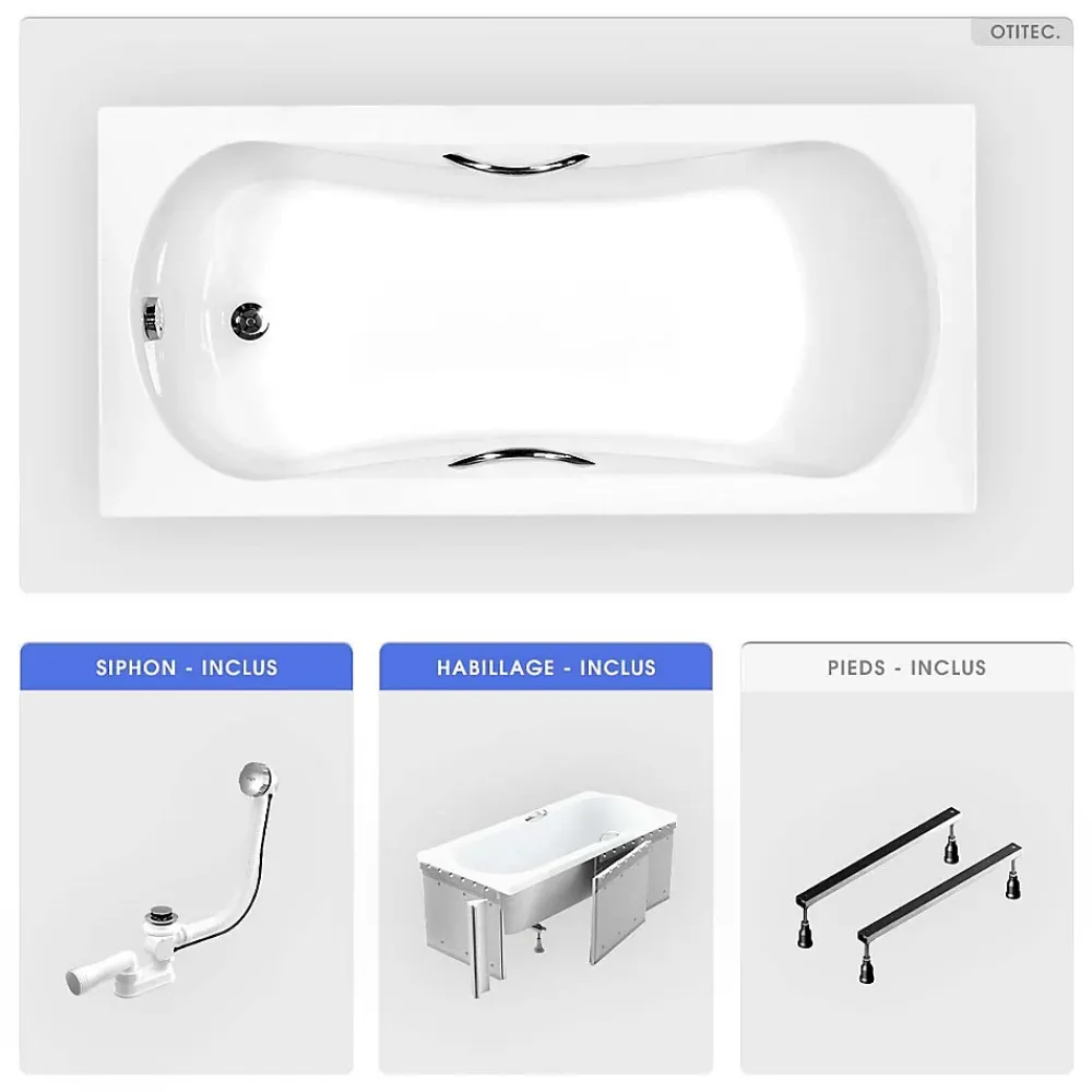 Baignoire Droite|Besco Baignoire rectangulaire - 150 x 70 cm - avec Habillage - Pieds - Poignées - Vidage Chrome - ARIA PLUS