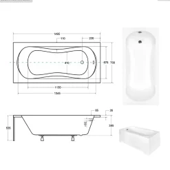 Baignoire Droite|Besco Baignoire rectangulaire - 150 x 70 cm - avec Habillage - Pieds - Poignées - Vidage Chrome - ARIA PLUS