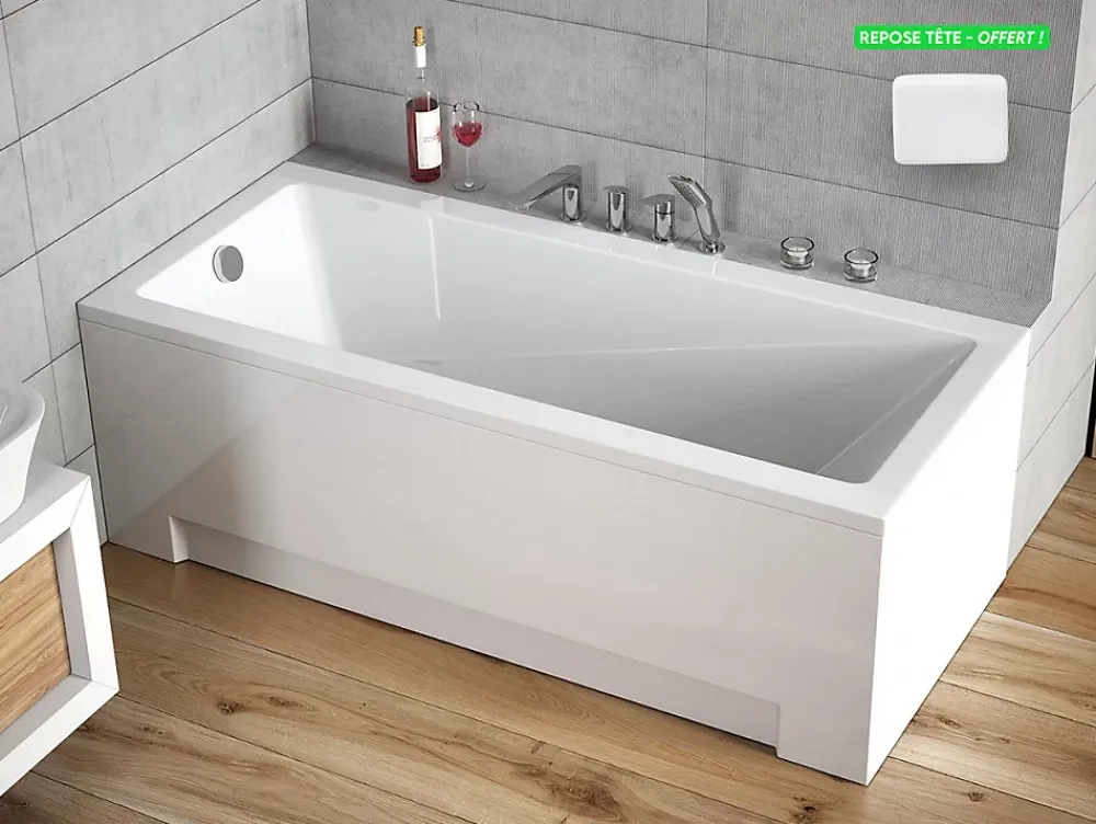 Besco Baignoire rectangulaire - avec Tablier Blanc et Repose Tête OFFERT - MODERN - 150 x 70 cm