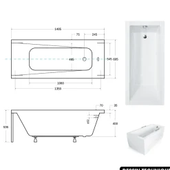 Besco Baignoire rectangulaire - avec Tablier Blanc et Repose Tête OFFERT - MODERN - 150 x 70 cm