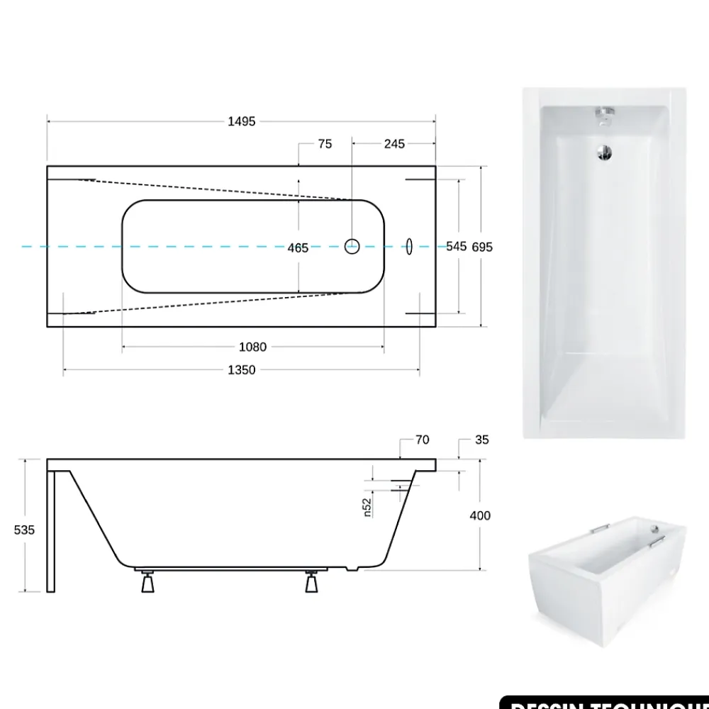 Besco Baignoire rectangulaire - avec Tablier Blanc et Repose Tête OFFERT - MODERN - 150 x 70 cm