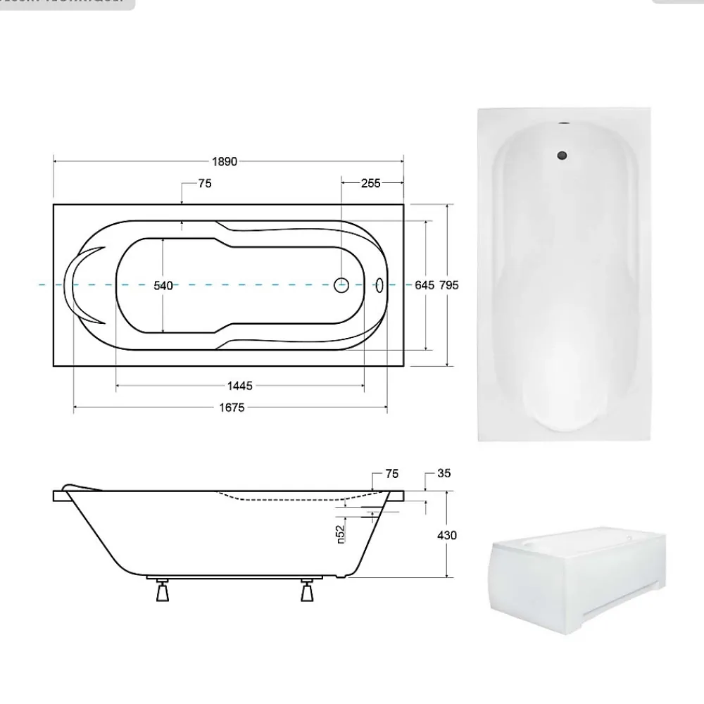 Besco Baignoire rectangulaire - 190 x 80 cm - sans Habillage - avec Pieds - Vidage Chrome - BONA