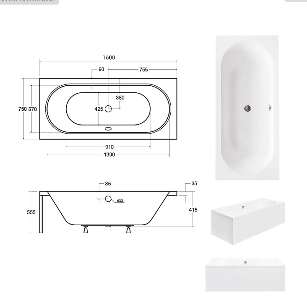 Baignoire Droite|Besco Baignoire rectangulaire - 160 x 75 cm - sans Habillage - avec Pieds - Vidage Chrome - VITAE
