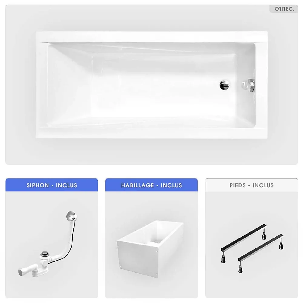 Baignoire Droite|Besco Baignoire rectangulaire - 170 x 70 cm - avec Habillage Polystyrène - Pieds - Vidage Chrome - MODERN SLIM