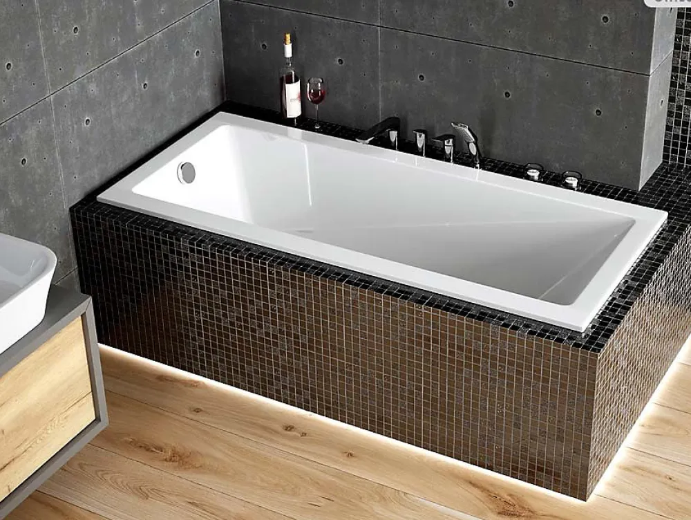 Baignoire Droite|Besco Baignoire rectangulaire - 170 x 70 cm - avec Habillage Polystyrène - Pieds - Vidage Chrome - MODERN SLIM