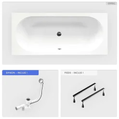 Baignoire Droite|Besco Baignoire rectangulaire - 160 x 75 cm - sans Habillage - avec Pieds - Vidage Chrome - VITAE SLIM