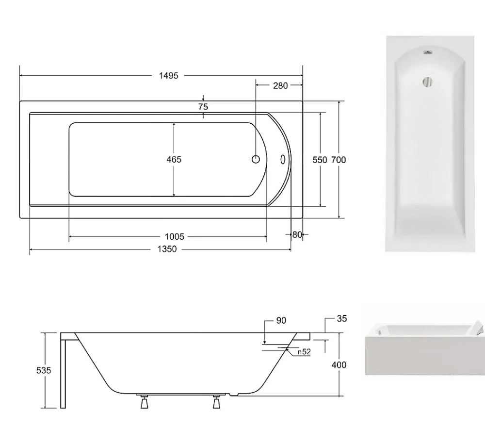 Baignoire Droite|Besco Baignoire rectangulaire + tablier blanc + repose tête - SHEA - 150 x 70 cm