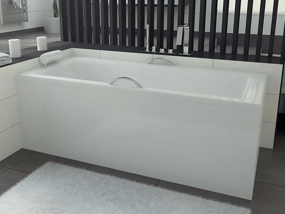 Baignoire D'Angle|Badland Baignoire rectangulaire 170 x 75 TALIA PREMIUM acrylique blanc + avec Tablier + Poignées + Repose Tête + Pieds + Vidage à chromé