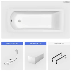 Baignoire Droite|Besco Baignoire rectangulaire - 180 x 80 cm - avec Tablier - Pieds - Vidage Chrome - SHEA