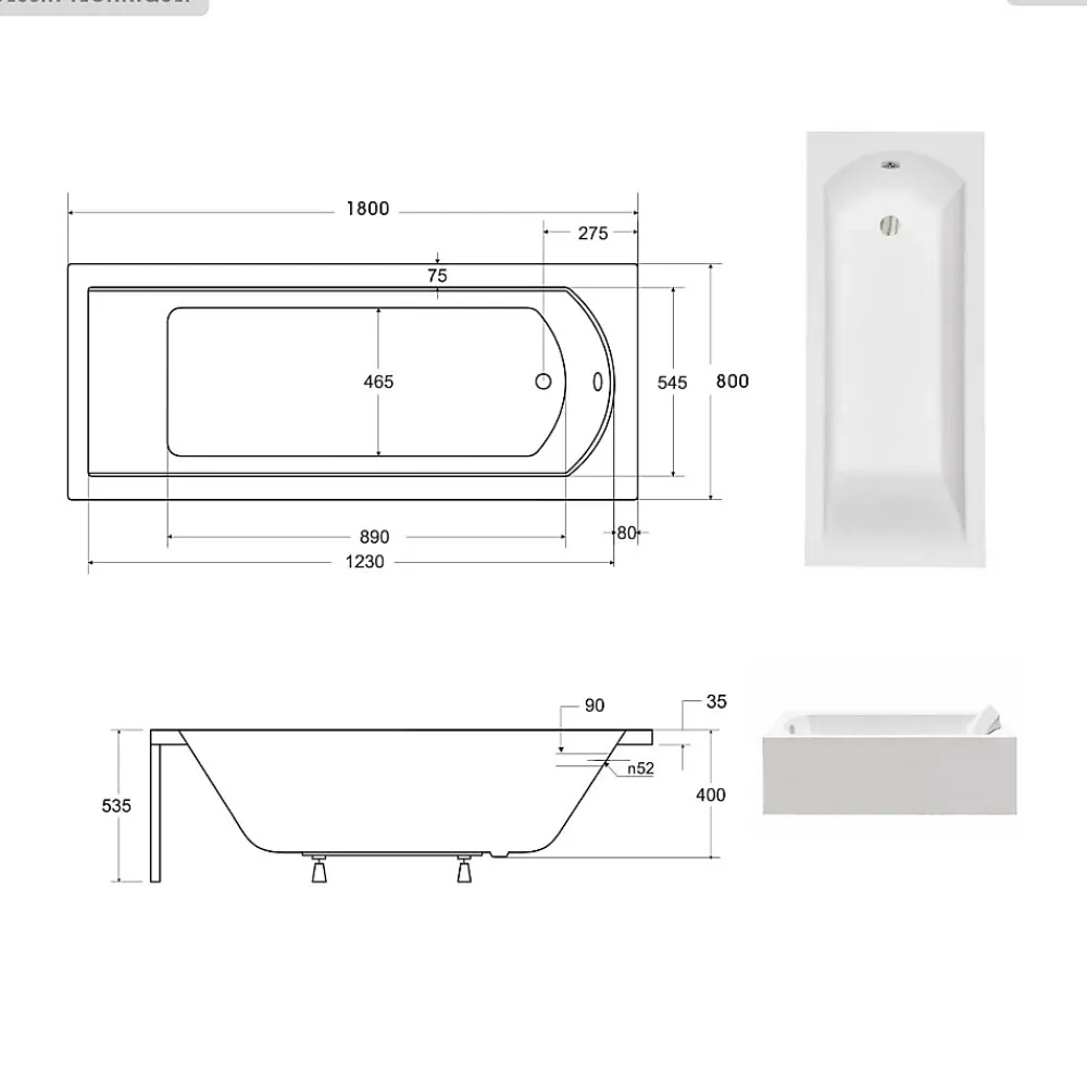 Baignoire Droite|Besco Baignoire rectangulaire - 180 x 80 cm - avec Tablier - Pieds - Vidage Chrome - SHEA