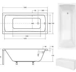 Baignoire Droite|Besco Baignoire rectangulaire + tablier blanc + repose tête - OPTIMA - 160 x 70 cm