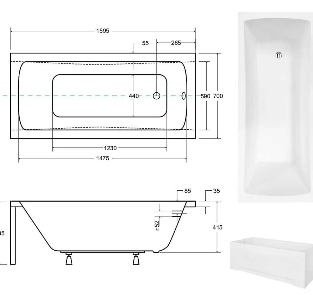 Baignoire Droite|Besco Baignoire rectangulaire + tablier blanc + repose tête - OPTIMA - 160 x 70 cm