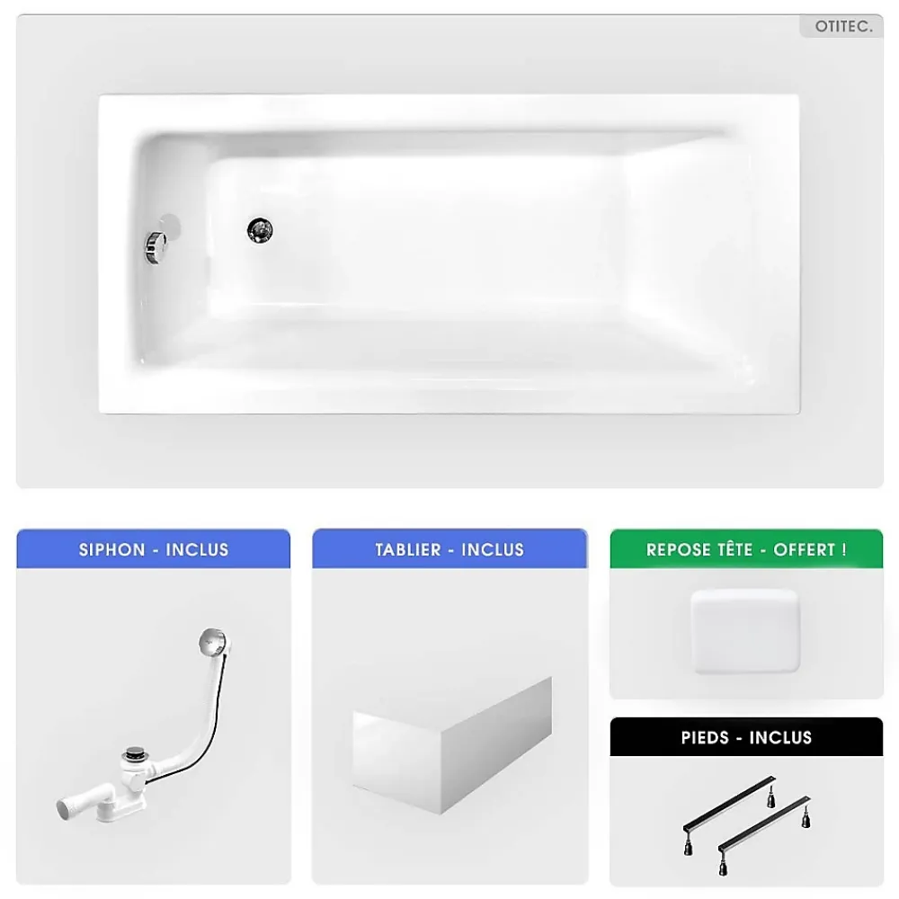 Baignoire Droite|Besco Baignoire rectangulaire - 160 x 75 cm - avec Tablier Blanc - Pieds - Poignées - Repose-tête - Vidage Chrome - TALIA PREMIUM