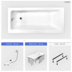 Baignoire Droite|Besco Baignoire rectangulaire - 170 x 75 cm - avec Habillage - Pieds - Vidage Chrome - TALIA