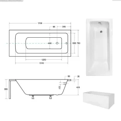 Baignoire Droite|Besco Baignoire rectangulaire - 170 x 75 cm - avec Habillage - Pieds - Vidage Chrome - TALIA