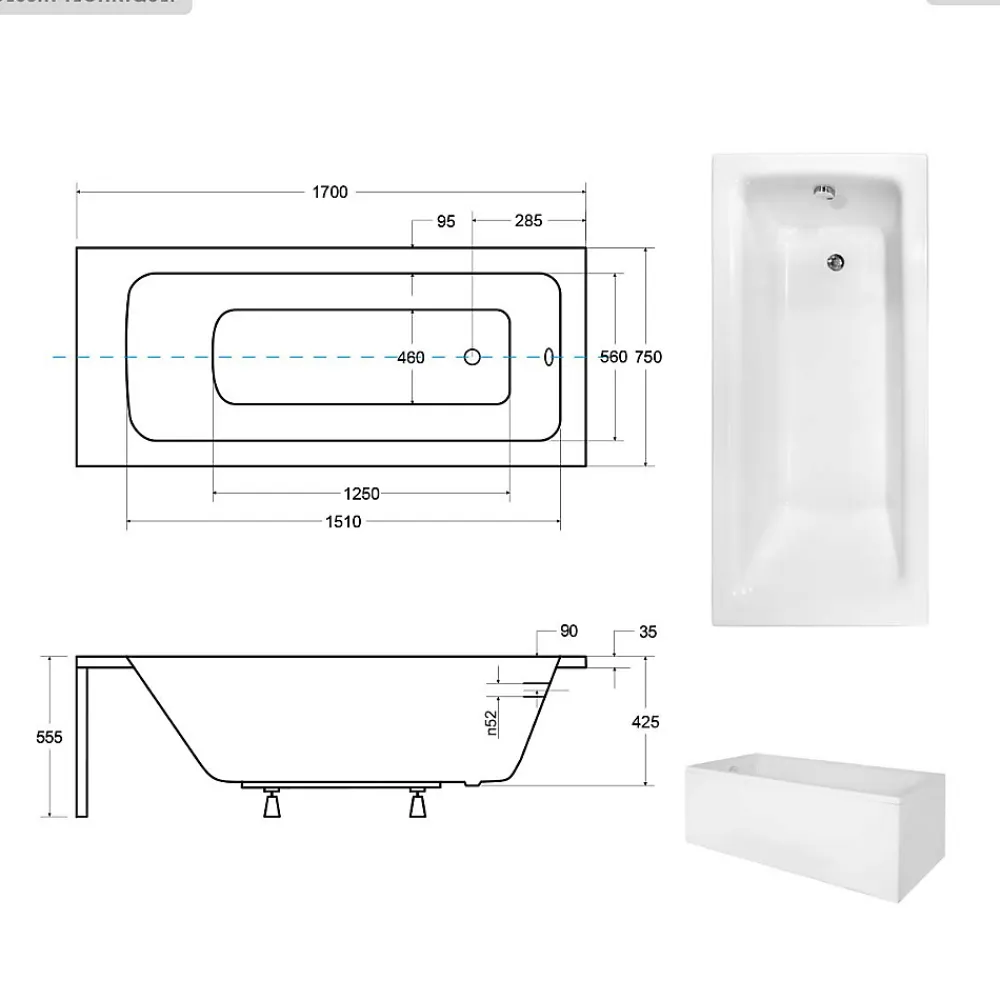Baignoire Droite|Besco Baignoire rectangulaire - 170 x 75 cm - avec Habillage - Pieds - Vidage Chrome - TALIA