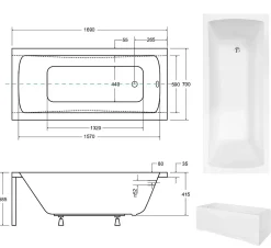 Besco Baignoire rectangulaire + tablier blanc + repose tête - OPTIMA - 170 x 70 cm