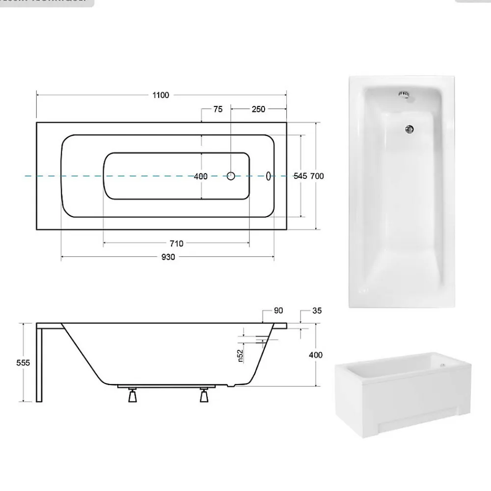 Baignoire Droite|Besco Baignoire rectangulaire - 110 x 70 cm - sans Habillage - avec Pieds - Vidage Chrome - TALIA