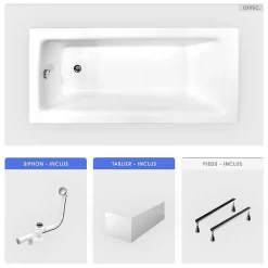Baignoire Droite|Besco Baignoire rectangulaire - 170 x 75 cm - avec Tablier Blanc - Pieds - Vidage Chrome - TALIA