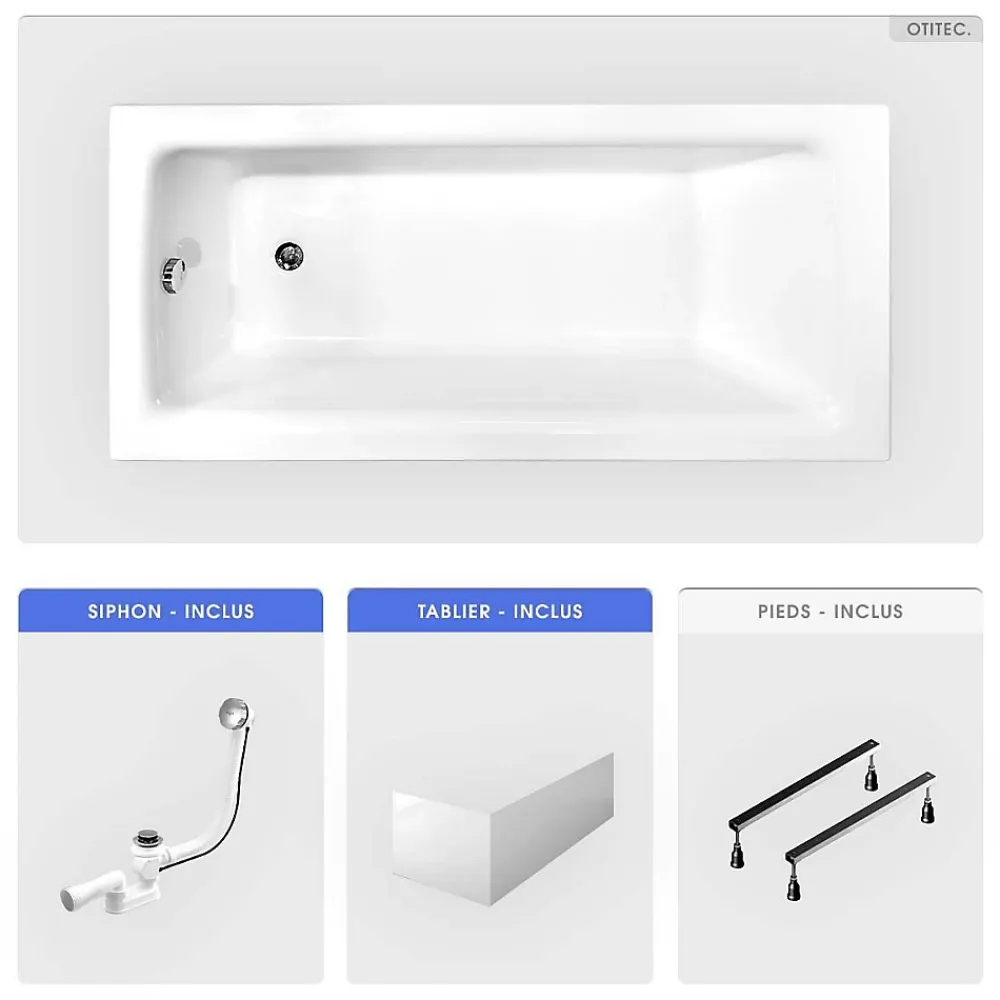 Baignoire Droite|Besco Baignoire rectangulaire - 170 x 75 cm - avec Tablier Blanc - Pieds - Vidage Chrome - TALIA