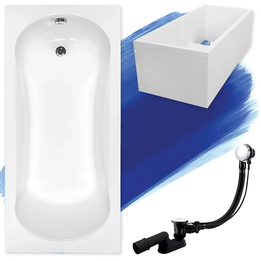 Baignoire D'Angle|Badland Baignoire rectangulaire 130 x 70 ARIA acrylique blanc + Support stabilisateur en polystyrène + Pieds + Vidage à chromé