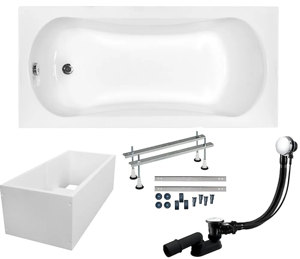 Baignoire D'Angle|Badland Baignoire rectangulaire 130 x 70 ARIA acrylique blanc + Support stabilisateur en polystyrène + Pieds + Vidage à chromé