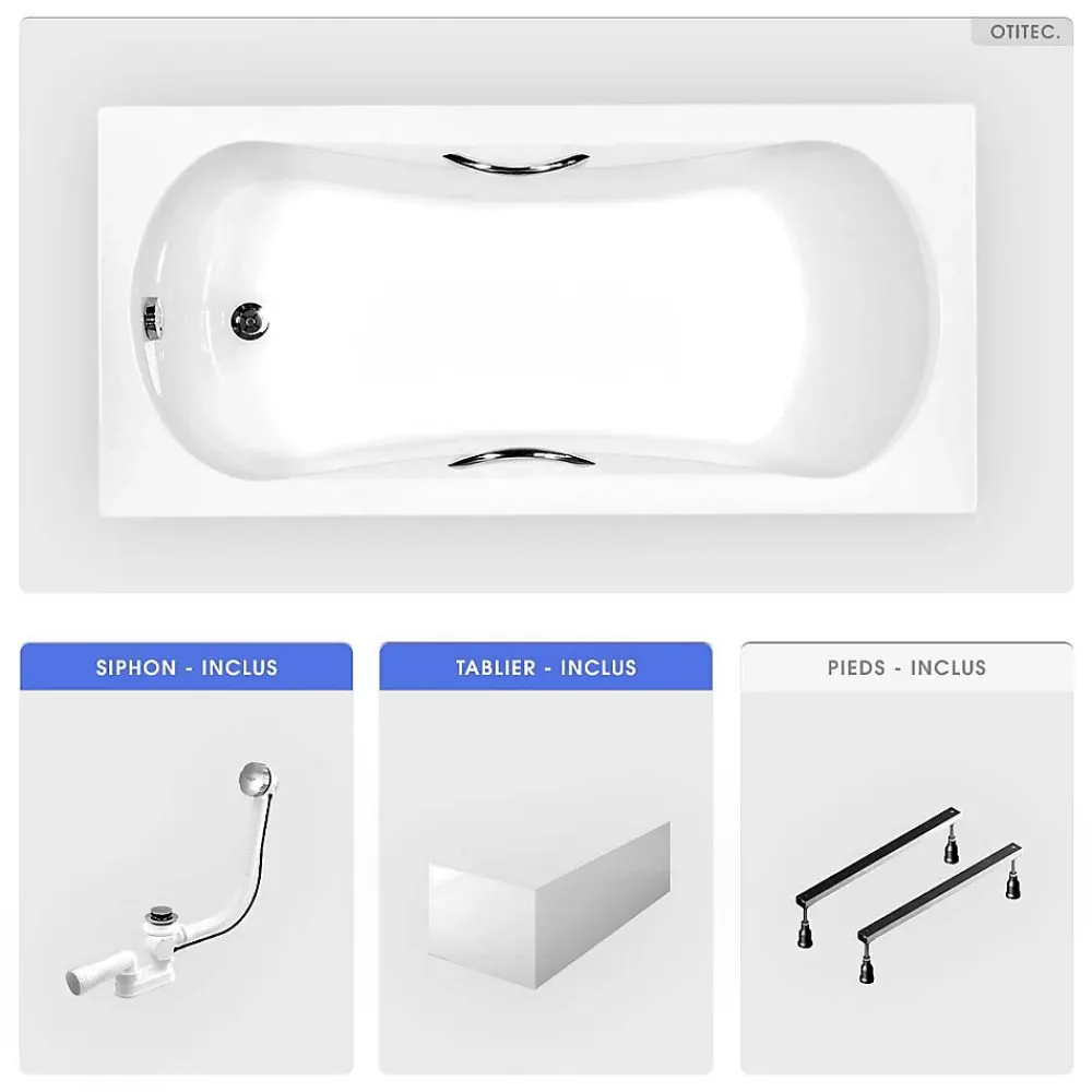 Baignoire Droite|Besco Baignoire rectangulaire - 170 x 70 cm - avec Tablier Blanc - Pieds - Poignées - Vidage Chrome - ARIA PLUS