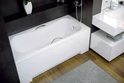 Baignoire Droite|Besco Baignoire rectangulaire - 170 x 70 cm - avec Tablier Blanc - Pieds - Poignées - Vidage Chrome - ARIA PLUS