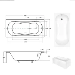Baignoire Droite|Besco Baignoire rectangulaire - 170 x 70 cm - avec Tablier Blanc - Pieds - Poignées - Vidage Chrome - ARIA PLUS