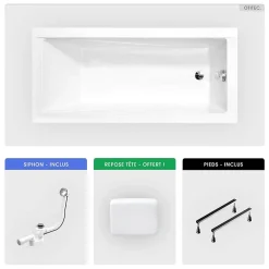 Besco Baignoire rectangulaire - 180 x 80 cm - sans Habillage - avec Pieds - Repose-tête - Vidage Chrome - MODERN