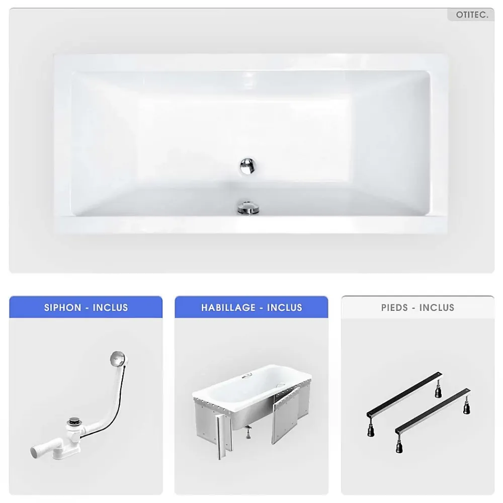 Baignoire Droite|Besco Baignoire rectangulaire - 190 x 90 cm - avec Habillage - Pieds - Vidage Chrome - QUADRO