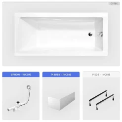 Baignoire Droite|Besco Baignoire rectangulaire - 120 x 70 cm - avec Tablier Blanc - Pieds - Vidage Chrome - MODERN