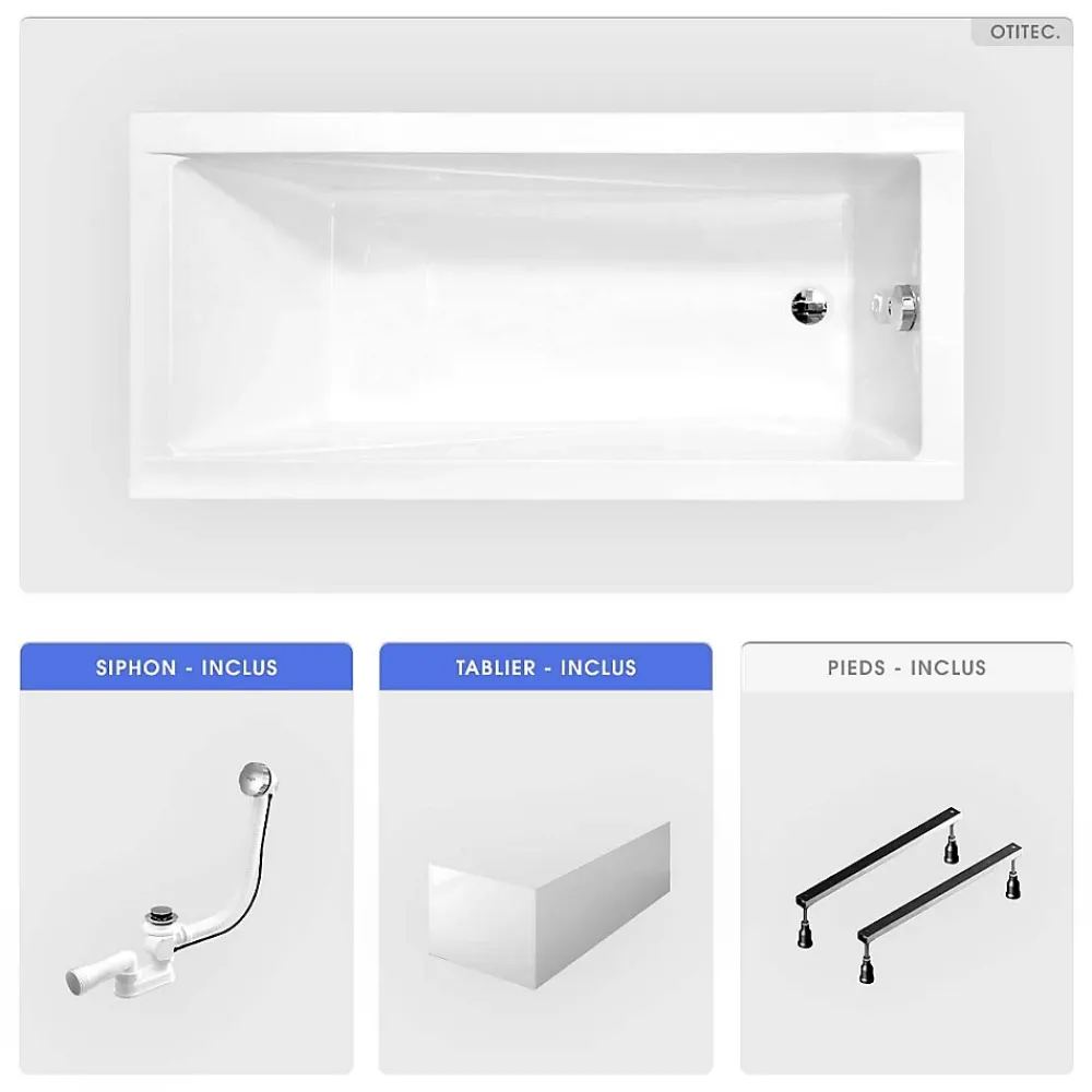 Baignoire Droite|Besco Baignoire rectangulaire - 120 x 70 cm - avec Tablier Blanc - Pieds - Vidage Chrome - MODERN