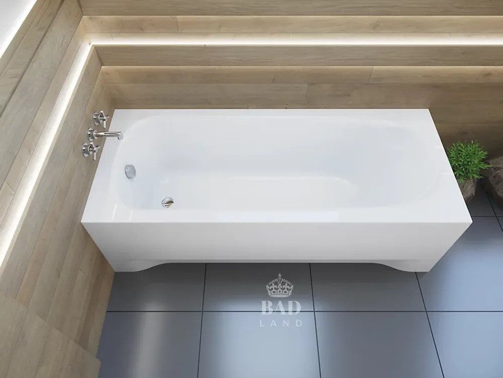 Baignoire D'Angle|Badland Baignoire rectangulaire 160 x 75 MEDIUM acrylique blanc + avec Tablier + Pieds + Vidage à chromé