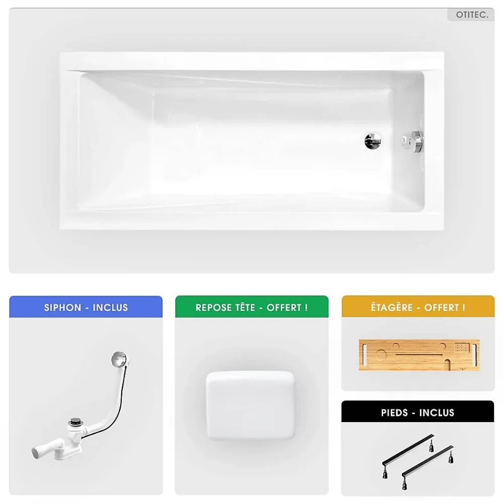 Besco Baignoire rectangulaire - 180 x 80 cm - sans Habillage - avec Pieds - Repose-tête - Étagère bambou - Vidage Chrome - MODERN