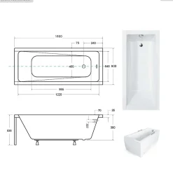 Besco Baignoire rectangulaire - 180 x 80 cm - sans Habillage - avec Pieds - Repose-tête - Étagère bambou - Vidage Chrome - MODERN