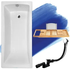 Baignoire D'Angle|Badland Baignoire rectangulaire 170 x 70 OPTIMA acrylique blanc, sans Habillage + Étagère bambou + Pieds + Vidage à chromé